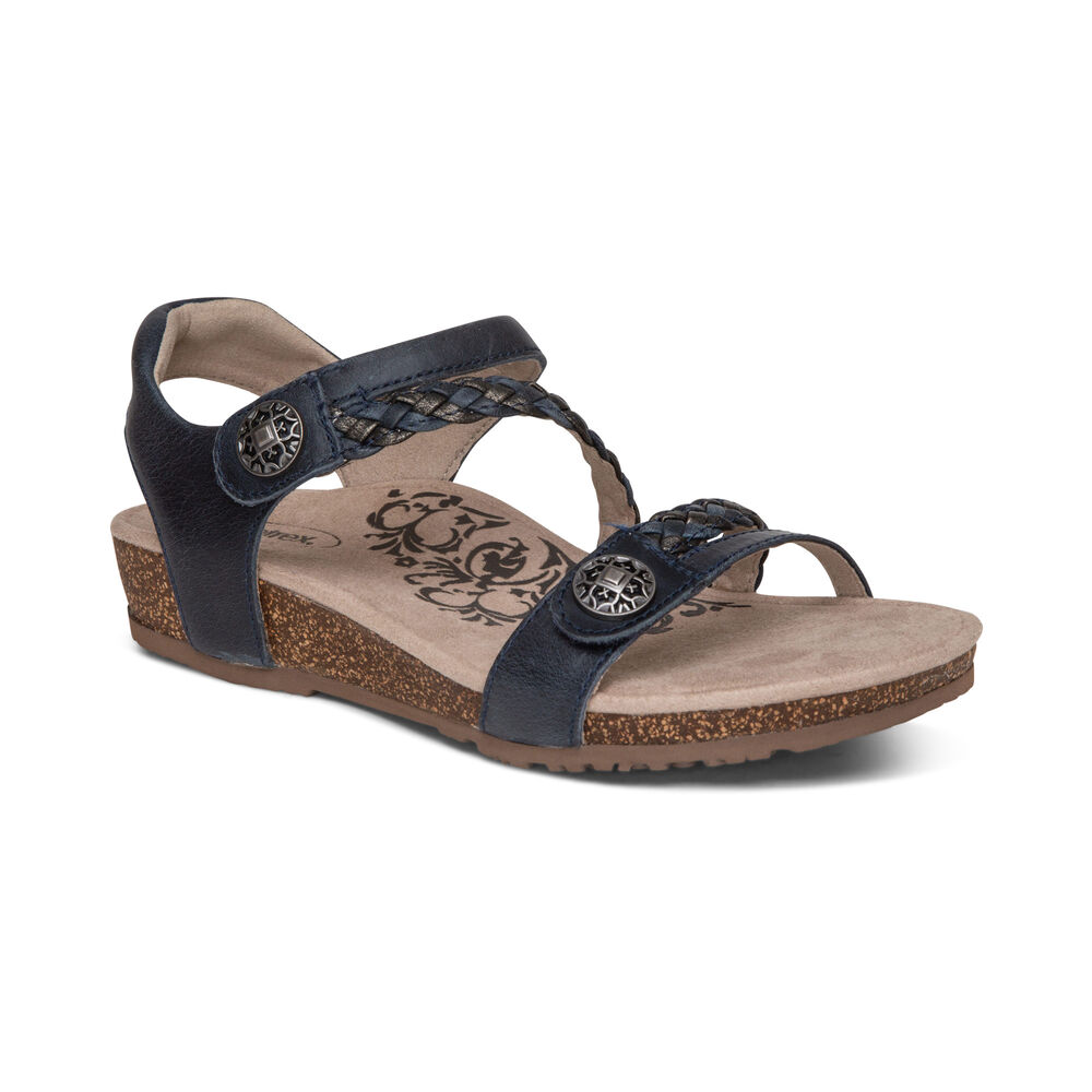 Aetrex Women's Jillian Braided Quarter Strap Sandals - Navy | USA TAWIDXR